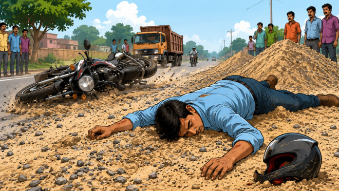 सड़क पर फैलाई गई रेत-बजरी पर बाइक फिसलने से एक की मौत